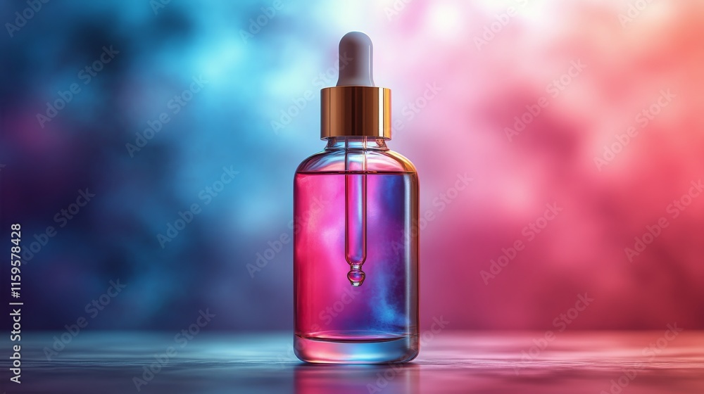 Elegant pink serum bottle resting on a soft pink surface with gentle light reflections Elegant pink serum bottle resting on a soft pink surface with gentle light reflections