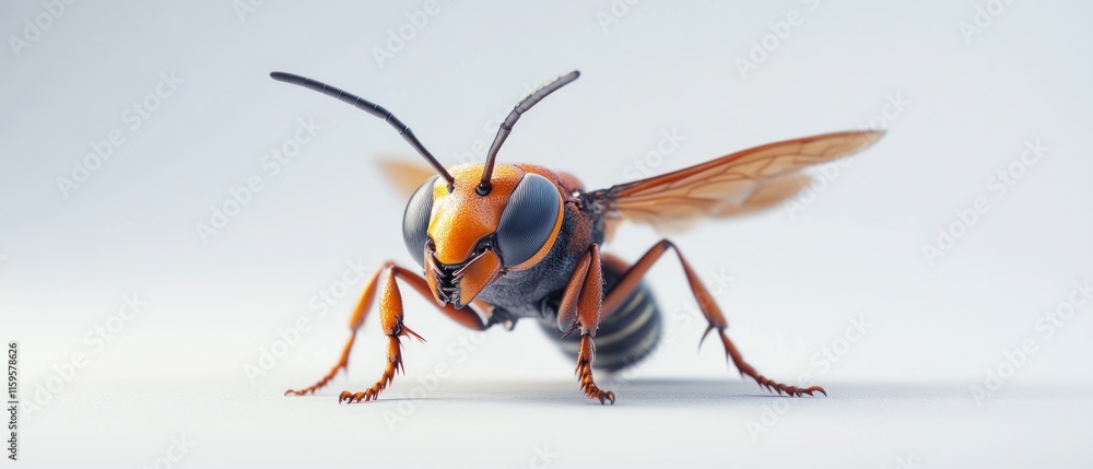 Fototapeta premium Close-up of a large hornet, orange and black insect, detailed 3D render.