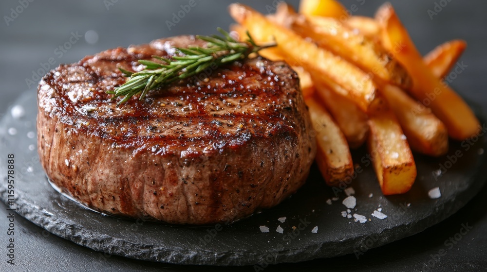 Delicious grilled steak served with crispy fries and fresh rosemary on a dark slate plate Delicious grilled steak served with crispy fries and fresh rosemary on a dark slate plate