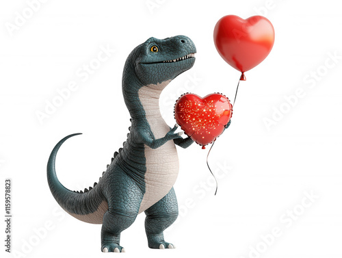 Cheerful Dinosaur Holding Heart-Shaped Balloons, Perfect for Celebrations, Parties, or Cute Animal Illustrations in Children's Designs photo