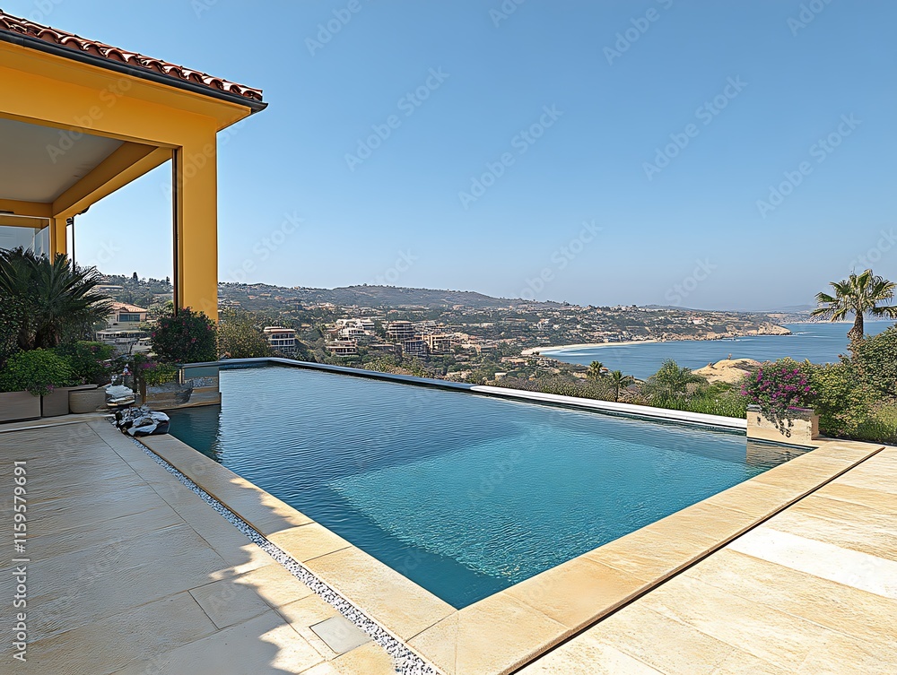Fototapeta premium Infinity Pool Overlooking Coastal Town And Sea