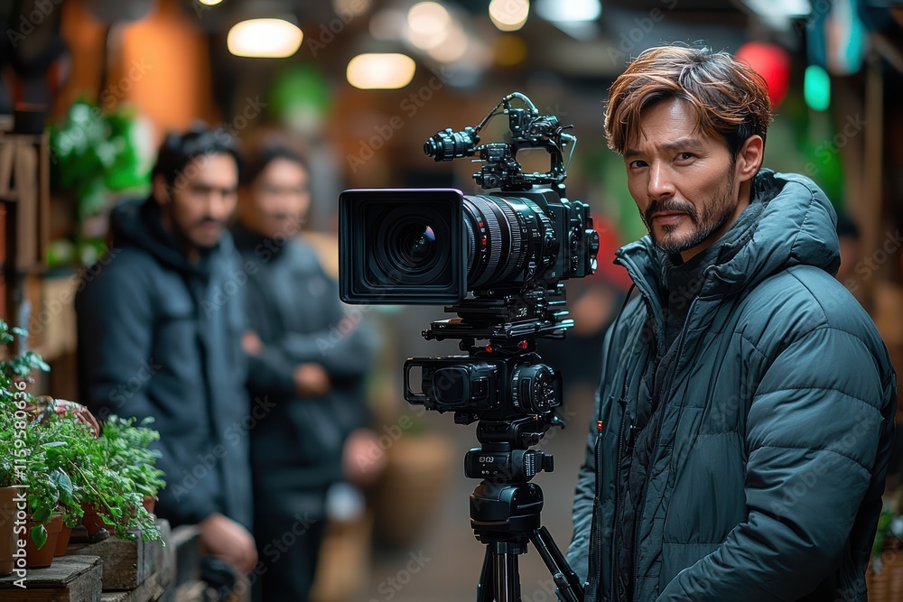 Director in studio setting captures candid moments with crew and camera Director in studio setting captures candid moments with crew and camera