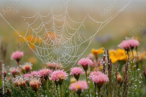 Dewdrops glisten on a spider web woven among vibrant wildflowers at dawn