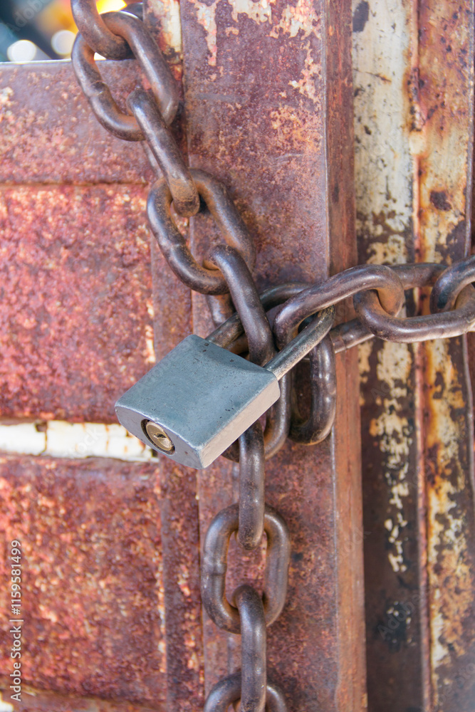 Old metallic door with a padlock and a rusty chain at rural Mexico, details close-up. Old metallic door with a padlock and a rusty chain at rural Mexico, details close-up.