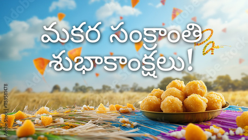 Makara Sankranti Subhakankshalu! Traditional Tilgul Ladoos, Colorful Kites, and Festive Decorations Celebrating Pedda Panduga in Andhra Pradesh and Telangana (మకర సంక్రాంతి శుభాకాంక్షలు!) photo