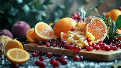 Colorful citrus fruits with cranberries in natural sunlight photo