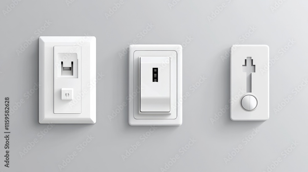Modern and detailed vector illustrations of switchboards and plug sockets in a grey color scheme Modern and detailed vector illustrations of switchboards and plug sockets in a grey color scheme