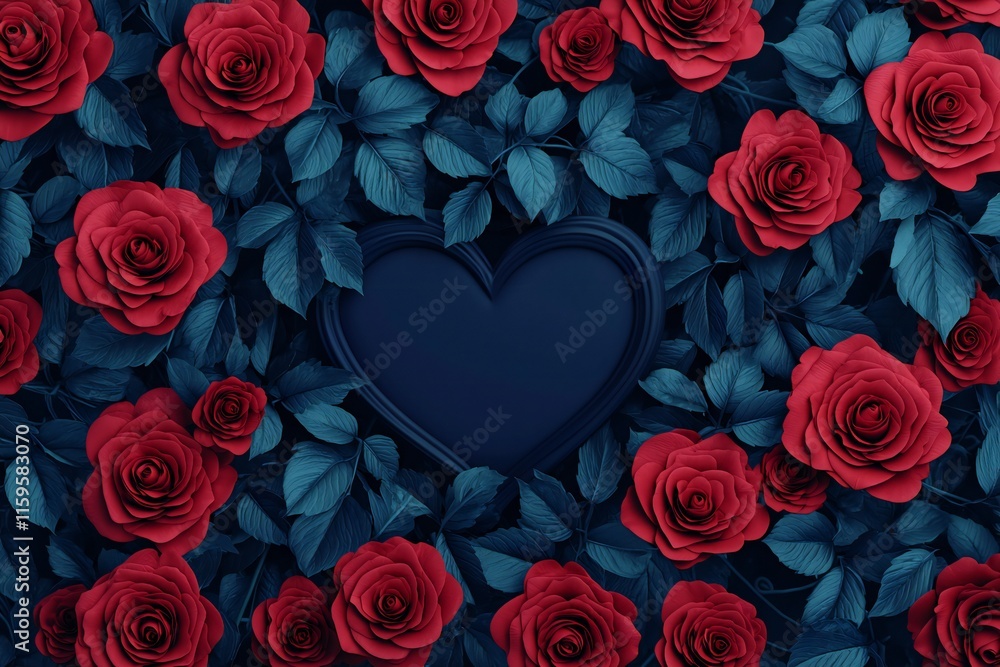 Valentine's Day Dark Teal Roses and Navy Heart Frame Romantic Floral Background Valentine's Day Dark Teal Roses and Navy Heart Frame Romantic Floral Background