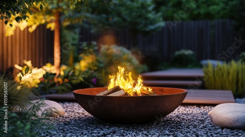 Cozy evening fire pit in a serene backyard garden.