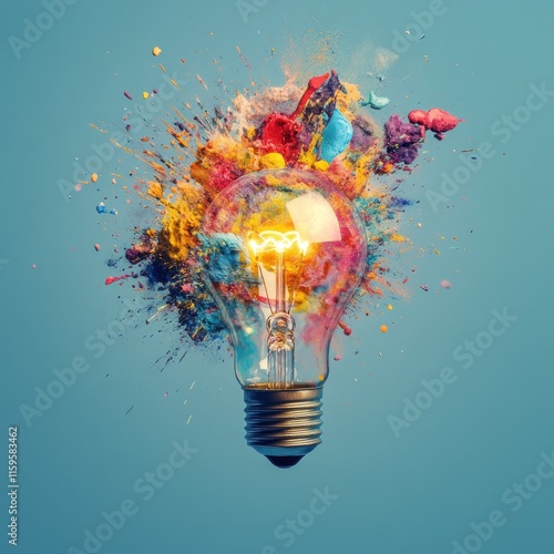 Colorful paint explosion from a glowing lightbulb. photo