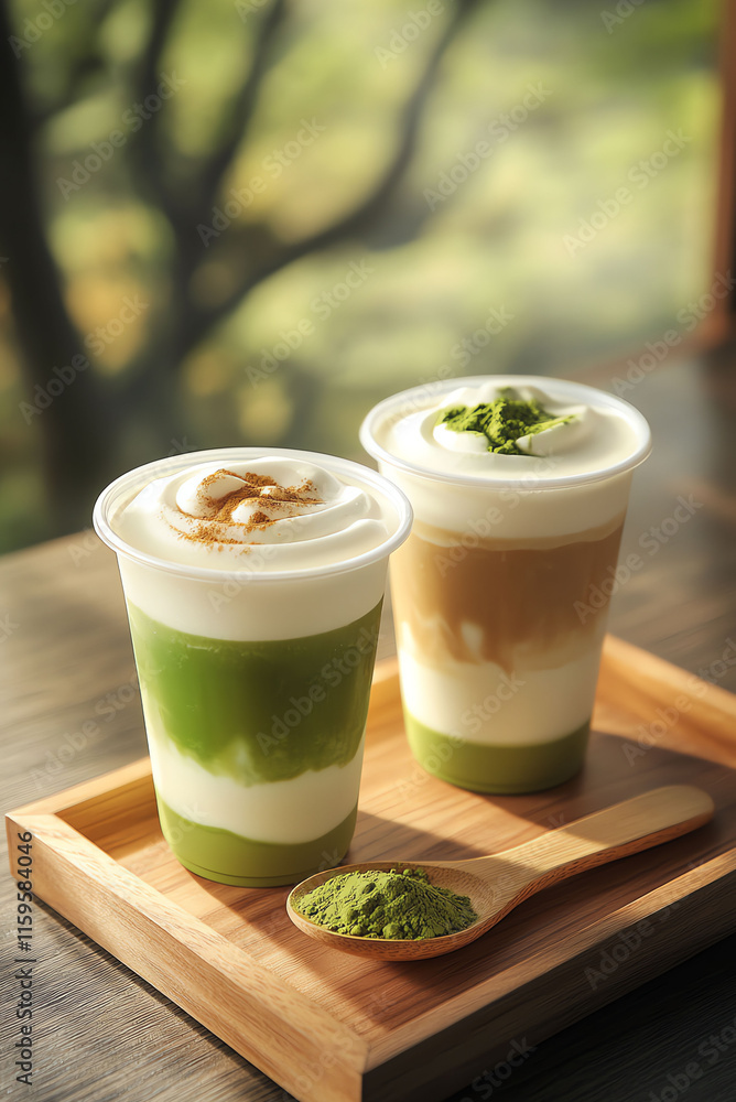 Delicious matcha and coffee drinks are served in transparent cups on a wooden tray in a cozy cafe setting. Delicious matcha and coffee drinks are served in transparent cups on a wooden tray in a cozy cafe setting.