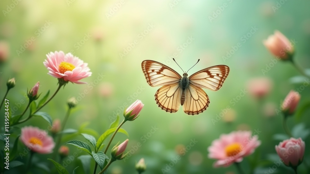 The image is a close-up of a butterfly resting on a pink flower. The butterfly has a white body with brown stripes on its wings and antennae. It is facing towards the right side of the image. The image is a close-up of a butterfly resting on a pink flower. The butterfly has a white body with brown stripes on its wings and antennae. It is facing towards the right side of the image.