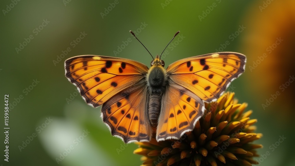 Fototapeta premium The image is a close-up of a butterfly resting on a yellow flower. The butterfly has a distinctive orange and black pattern on its wings, with small black spots scattered across its body.