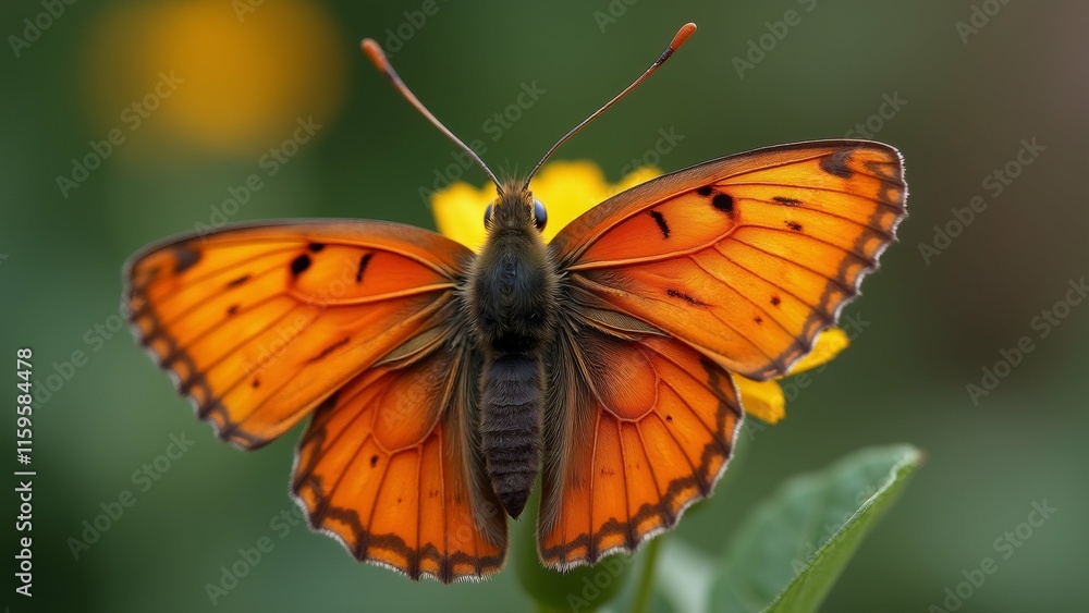 Naklejka premium The image is a close-up of a butterfly resting on a yellow flower. The butterfly has orange wings with black spots and a black body.