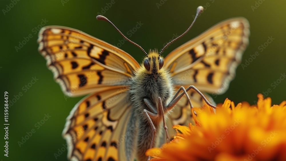 Obraz premium The image is a close-up of a butterfly resting on a yellow flower. The butterfly has a distinctive orange and black pattern on its wings, which are spread out in a fan-like shape.