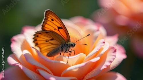 The image is a close-up of a butterfly resting on a pink rose. The butterfly has orange wings with black markings on them, and its body is facing towards the right side of the image. photo