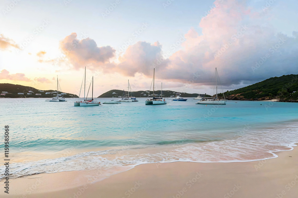 sailboats dotting peaceful bay, sandy beach foreground sailboats dotting peaceful bay, sandy beach foreground
