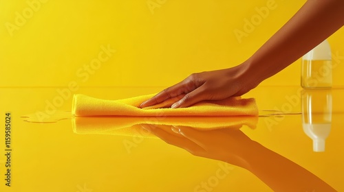 A hand wiping a yellow glass surface with a yellow microfiber cloth, with a bottle in the background photo