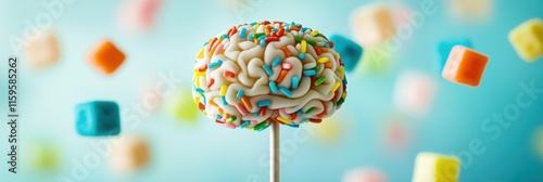 Human brain made of colorful candies. Sugar addiction, unhealthy habits, risks like diabetes and hyperactivity in children photo