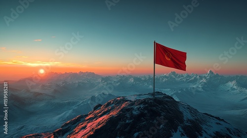 Digital Flag on Mountain Top Achievement and Innovation Concept photo