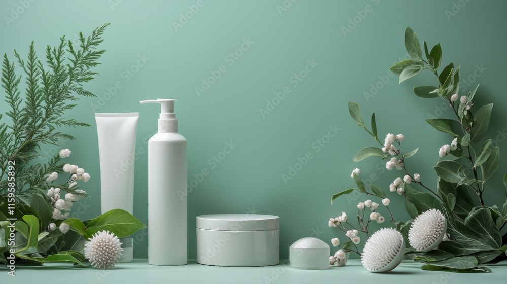 Elegant skincare setup with white bottles and green plants Elegant skincare setup with white bottles and green plants