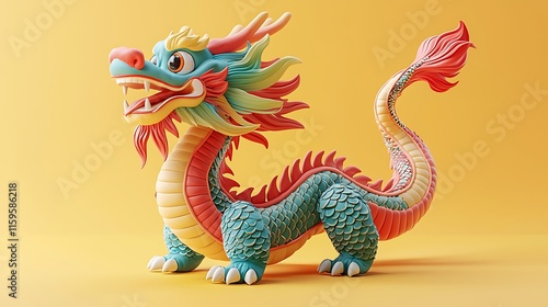 Colorful 3D cartoon dragon dance with solid yellow background, dragon coils twisting through the air, exaggerated facial expressions, soft lighting on the dragon body, bold red and green hues,