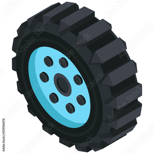 3D Isometric Vehicle Tire with Sky Blue Rim