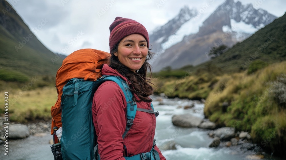 Smiling Female Backpacker Hiking Mountain River Valley Scene Smiling Female Backpacker Hiking Mountain River Valley Scene