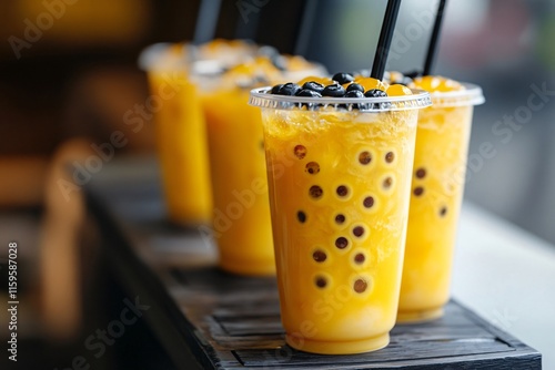 Plastic glasses of iced passion fruit bubble tea with popping boba and black tapioca pearls are waiting for customers photo