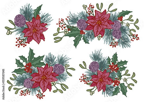 Christmas floral vector set of bouquet arrangings. Spruce, pine cones, poinsettia, mistletoe, holly and red berries