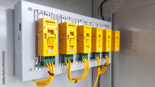 Residual current circuit breakers and voltage monitoring relays installed in an electrical control panel with connected wires