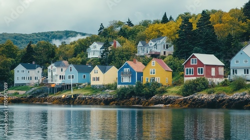 A picturesque waterfront scene featuring colorful houses nestled among trees, reflecting in calm waters beneath a cloudy sky.