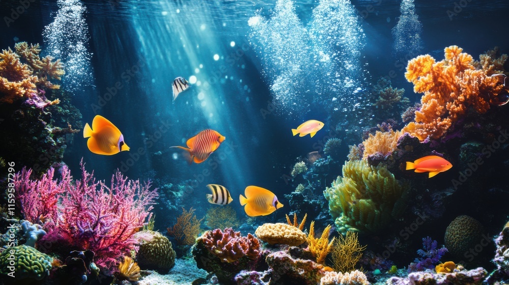 Fototapeta premium Vibrant Reef Aquarium Colorful Fish, Coral, Bubbles, Underwater Scene