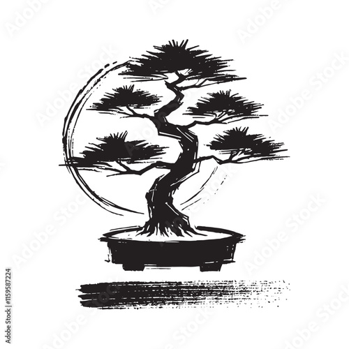 Bonsai tree. Hand drawn with brush with black ink simple vector illustration, isolated object