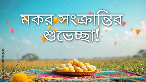 Makar Sankrantir Shubhechha! Traditional Tilgul Ladoos, Colorful Kites, and Festive Decorations Celebrating Poush Sankranti in West Bengal (মকর সংক্রান্তির শুভেচ্ছা!) photo