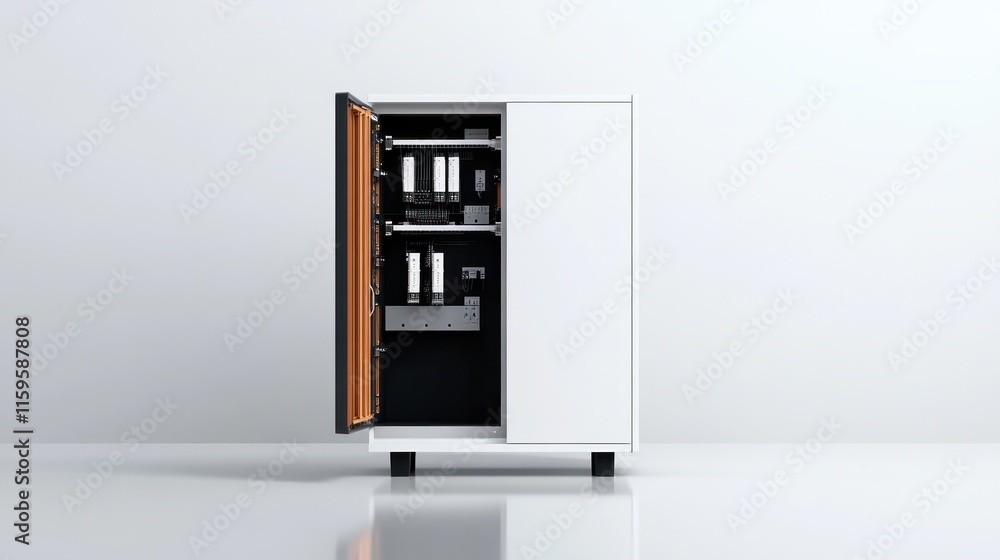 Standalone electrical switchboard for small businesses Switchgear box technology with open electric control panel enclosure for automatic circuit systems isolated on white Standalone electrical switchboard for small businesses Switchgear box technology with open electric control panel enclosure for automatic circuit systems isolated on white