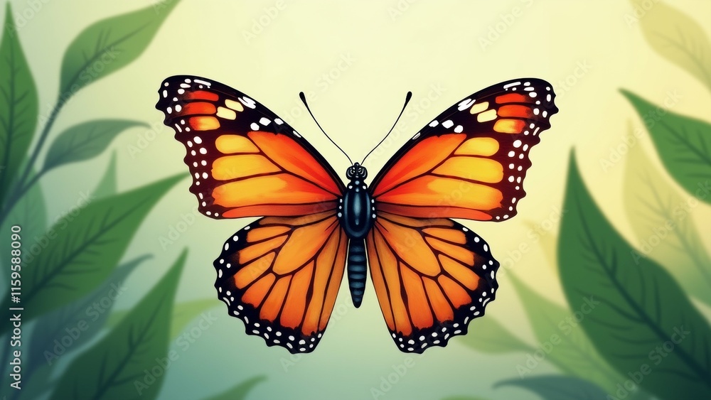 Obraz premium The image is a digital illustration of a butterfly. The butterfly is in the center of the image, with its wings spread out. The wings are orange with black spots, and the body is black.