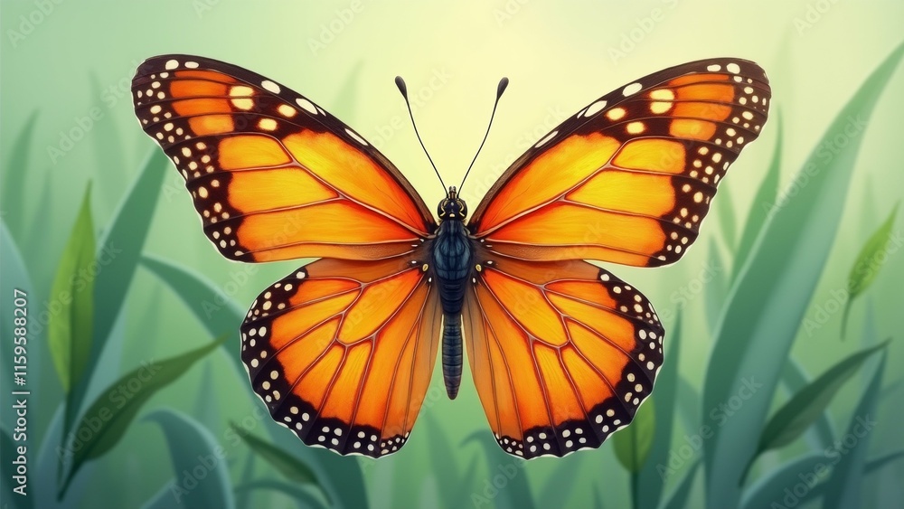 The image is a digital illustration of a butterfly resting on a green leafy background. The butterfly has a large body with orange and black stripes on its wings, and its antennae are visible. The image is a digital illustration of a butterfly resting on a green leafy background. The butterfly has a large body with orange and black stripes on its wings, and its antennae are visible.