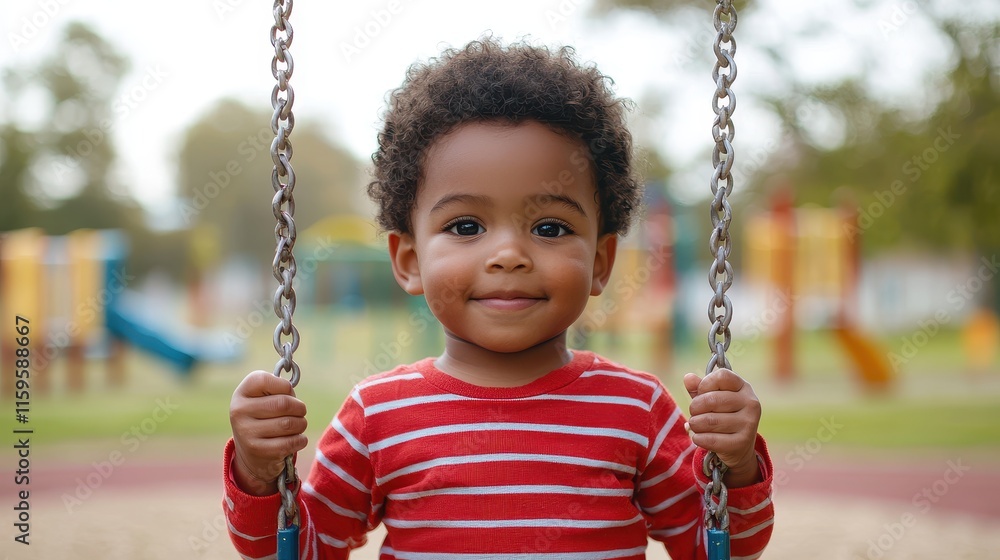 A joyful child swings in a playground, wearing a red-striped shirt, surrounded by colorful play structures under a sunny sky. A joyful child swings in a playground, wearing a red-striped shirt, surrounded by colorful play structures under a sunny sky.