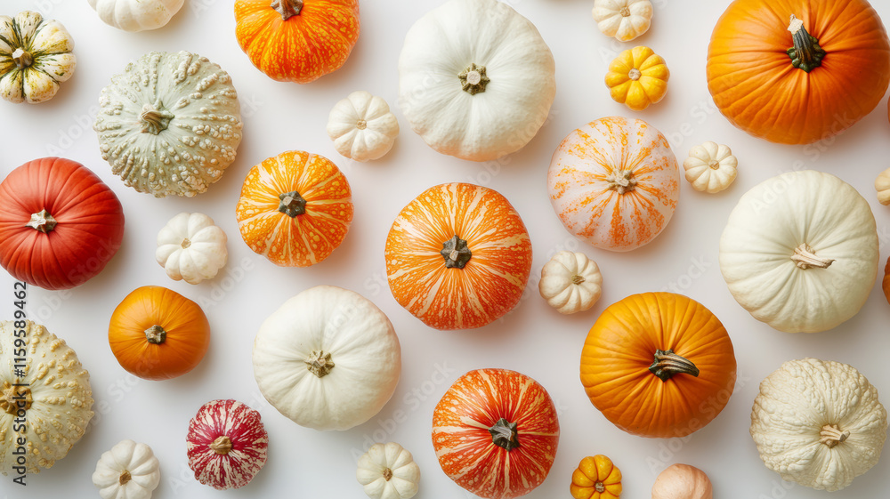 A striking showcase of pumpkin textures and colors against a clean white background. A striking showcase of pumpkin textures and colors against a clean white background.