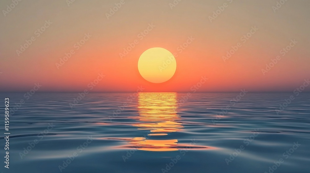 Serene Sunset Ocean Calm Waters, Golden Sun, Peaceful Sky Serene Sunset Ocean Calm Waters, Golden Sun, Peaceful Sky