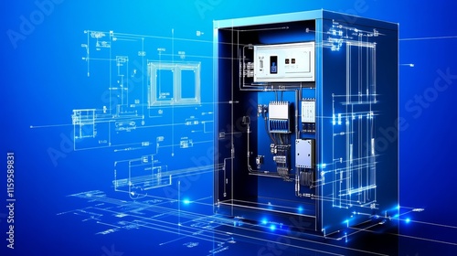Stylized blueprintstyle vector illustration of an electrical cabinet