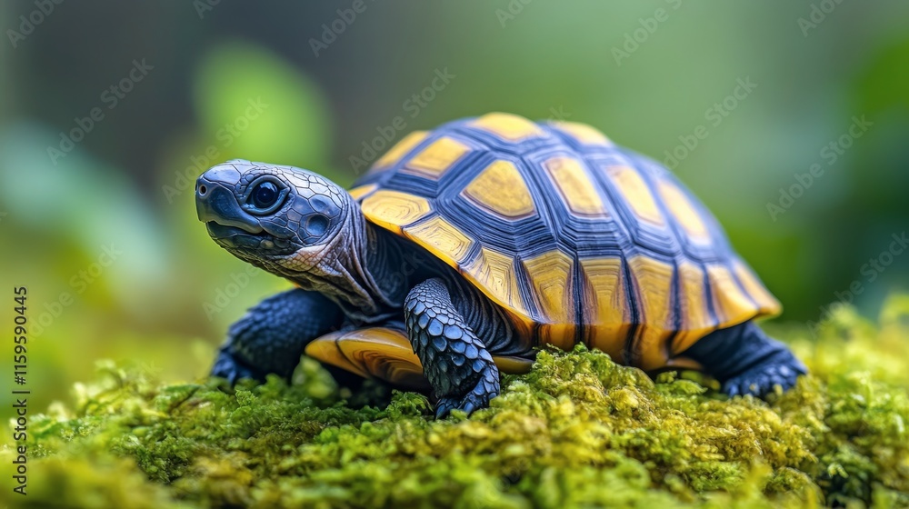 Beautiful tortoise resting on mossy ground in a lush green environment during daytime hours Beautiful tortoise resting on mossy ground in a lush green environment during daytime hours