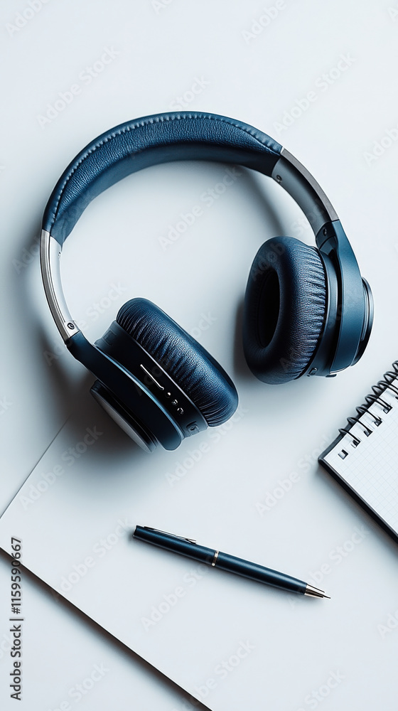 A pair of headphones resting on a clean white desk, with a notepad and pen beside them, soft shadows, minimalist design, photorealistic A pair of headphones resting on a clean white desk, with a notepad and pen beside them, soft shadows, minimalist design, photorealistic