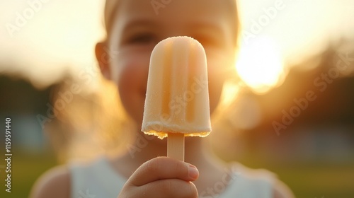 A young girl is holding a popsicle stick with a popsicle in her hand photo