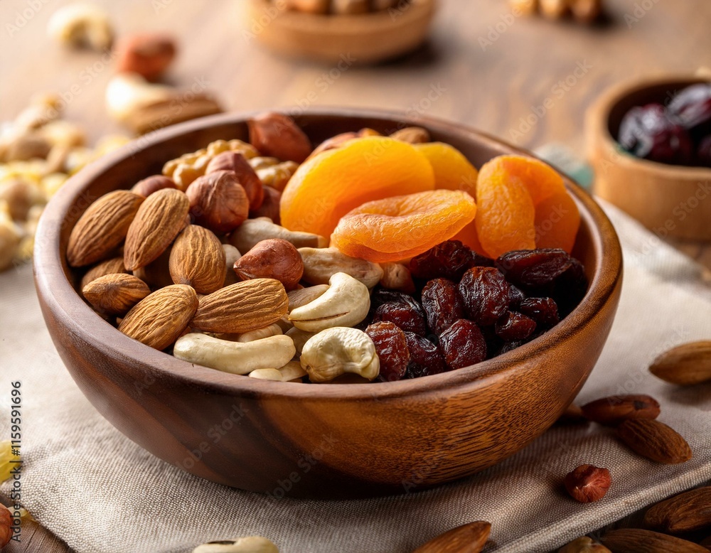 Nuts and dried fruits in a wooden bowl Nuts and dried fruits in a wooden bowl