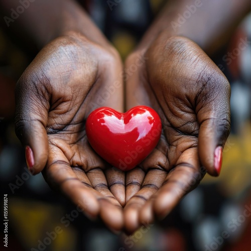 Close up of black woman hands holding a small red heart. Small heart in the hands of a african woman. Solidarity, charity and responsibility concept.