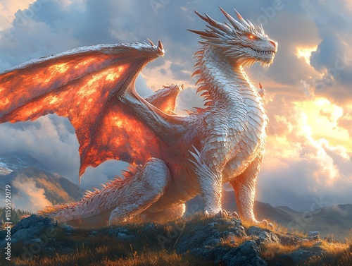 Majestic Leonine Dragon Soaring Over Sweeping Fantastical Landscape with Palpable Aura of Regal Grandeur photo