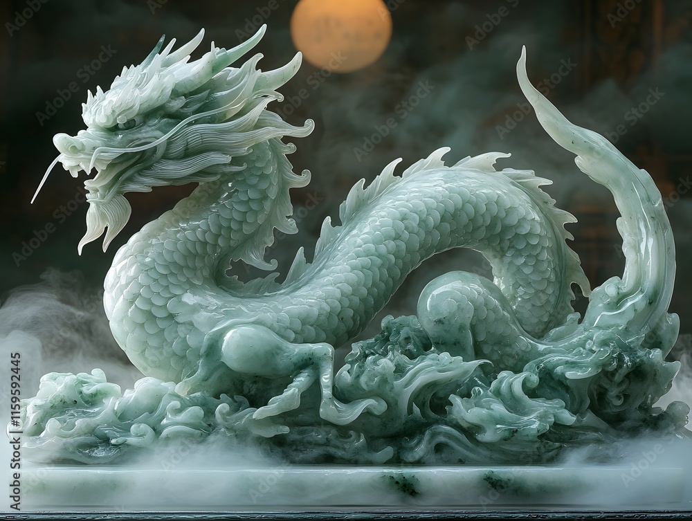 Majestic Jade Dragon Sculpture Glowing in Misty Moonlit Scene Radiating Mysticism Majestic Jade Dragon Sculpture Glowing in Misty Moonlit Scene Radiating Mysticism