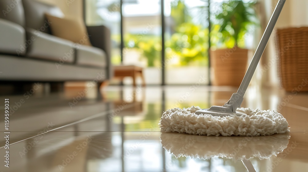 A white mop on a pristine floor, soft light from the window casting soft reflections, blurred view of a neat and cozy living space, calm and fresh atmosphere, clean minimalistic aesthetic, natural A white mop on a pristine floor, soft light from the window casting soft reflections, blurred view of a neat and cozy living space, calm and fresh atmosphere, clean minimalistic aesthetic, natural